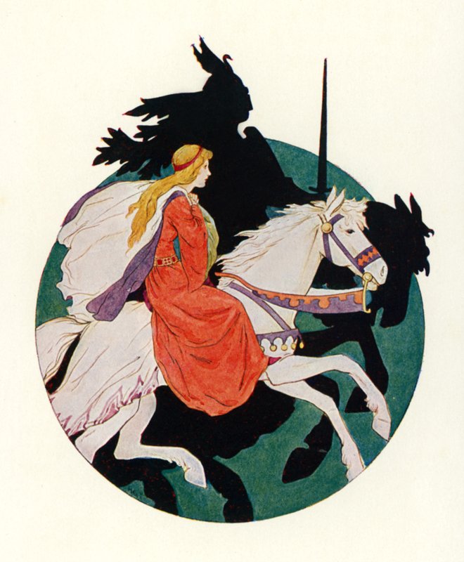 Den svarte riddaren rider iväg med jungfrun (färglitografi) av Harry George Theaker