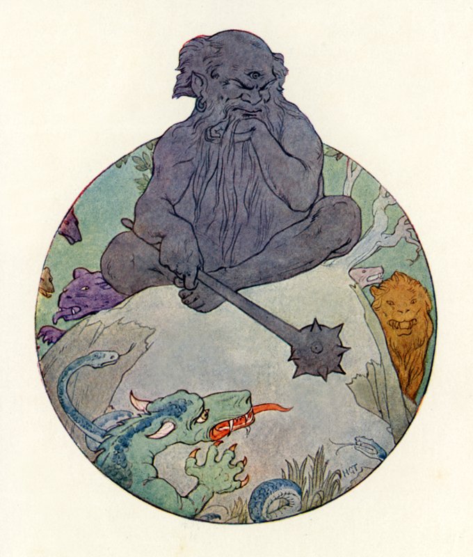Den stora svarta jätten sneglade på Sir Gawaine (färglitografi) av Harry George Theaker