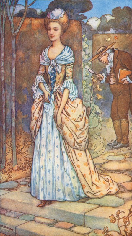 The Kinght And The Lady, en legend om drottning Annes regeringstid (färglitografi) av Harry George Theaker