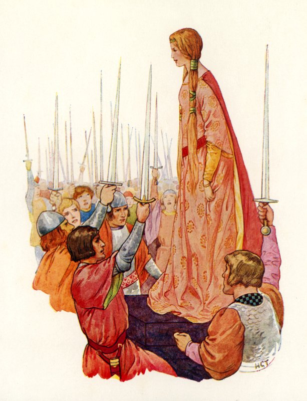 Riddarna gör honnör för prinsessan Guinevere, deras blivande drottning (färglitografi) av Harry George Theaker