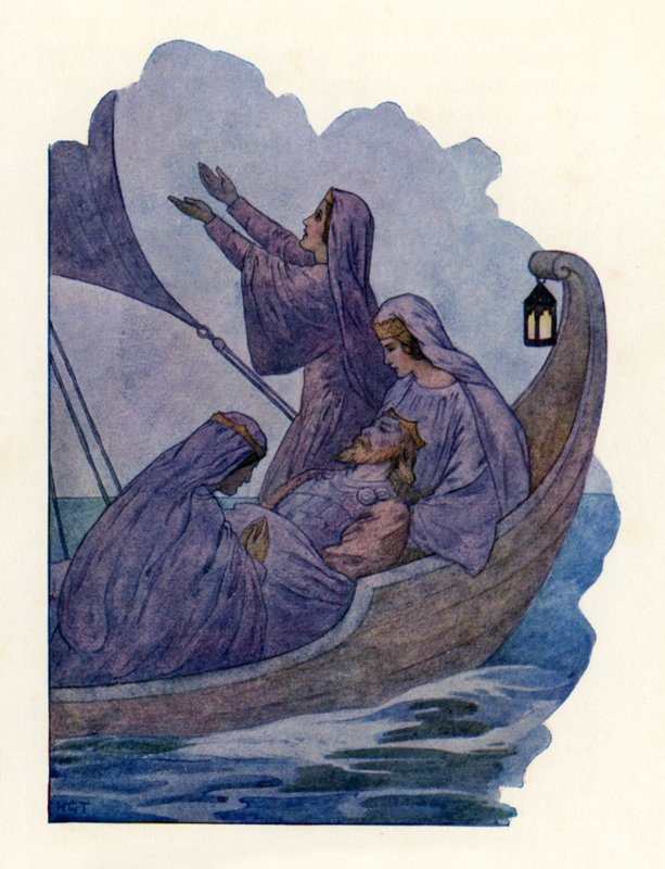 Kung Arthurs bortgång (färglitografi) av Harry George Theaker