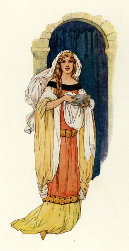 Prinsessan Guinevere hämtar vatten i en silverbassäng (färglitografi) av Harry George Theaker