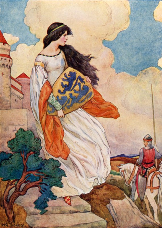 Prinsessan Iseult med Sir Tristram av Lyonesse sköld (färglitografi) av Harry George Theaker