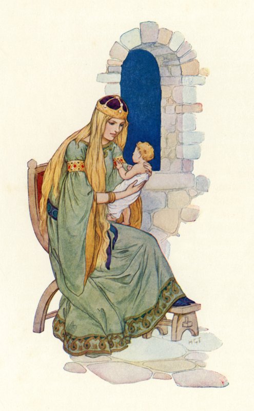 Drottningen med lille Lancelot (färglitografi) av Harry George Theaker