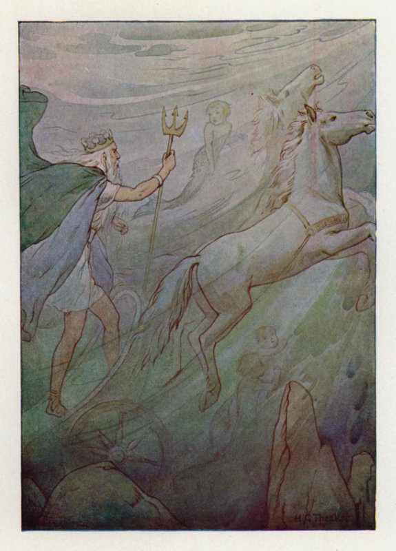 Havskungen i sin glittrande vagn, dragen av gröna hästar (färglitografi) av Harry George Theaker