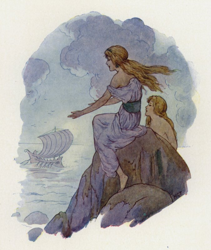 Sirenerna (färglitografi) av Harry George Theaker