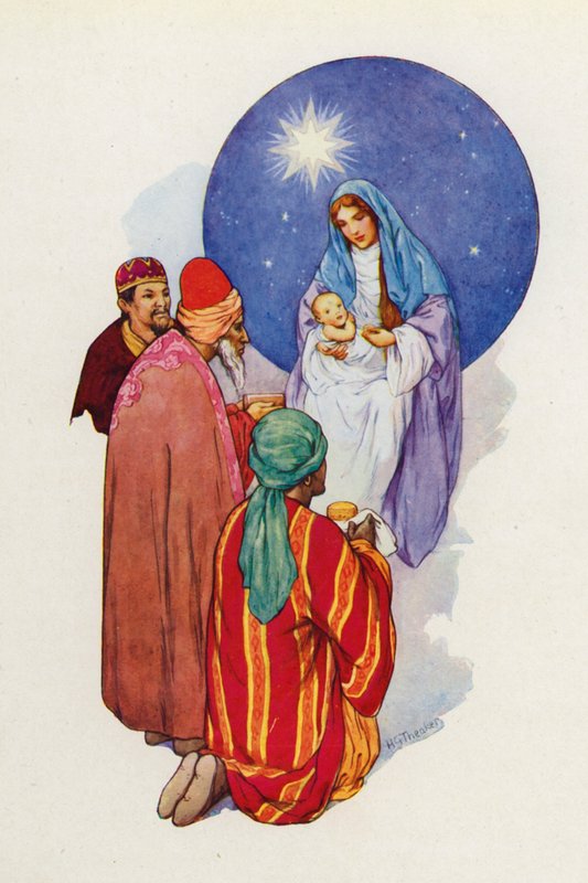 De vise männen såg det lilla barnet med sin mor Maria och föll ner och tillbad honom (färglitografi) av Harry George Theaker