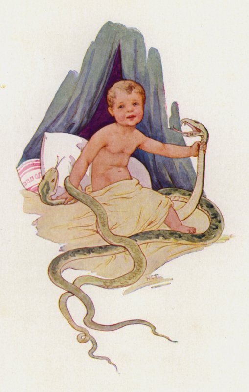 Herkulesbarnet som stryper ormarna (färglitografi) av Harry George Theaker