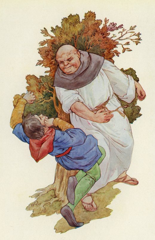 Slaget föll med en rungande smäll och skickade Much i full längd på gräset (färglitografi) av Harry George Theaker