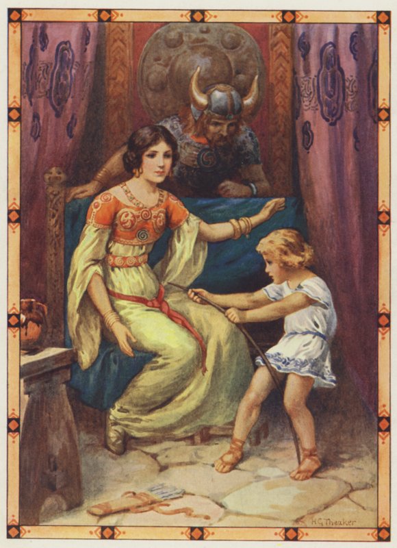 "Barnet visade tecken på fantastisk styrka", The Tyrant of the Isles (färglitografi) av Harry George Theaker