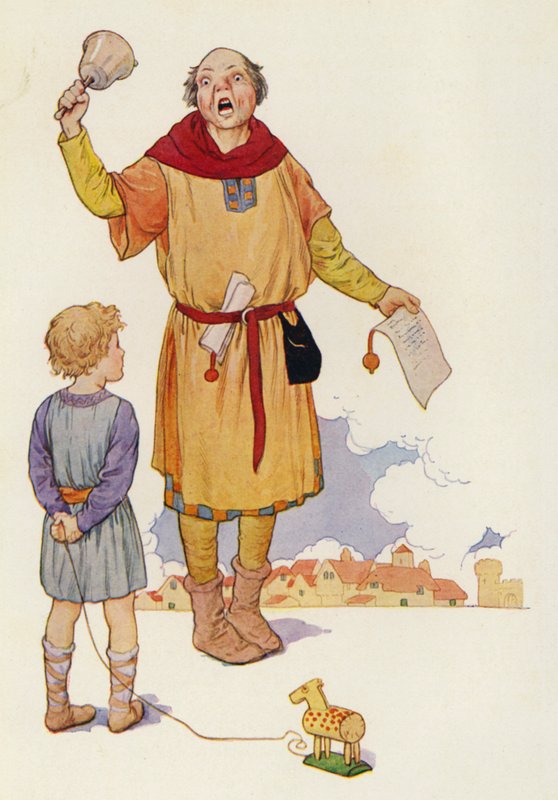 Utroparen förkunnade nyheten och hela staden surrade av spänning (färglitografi) av Harry George Theaker