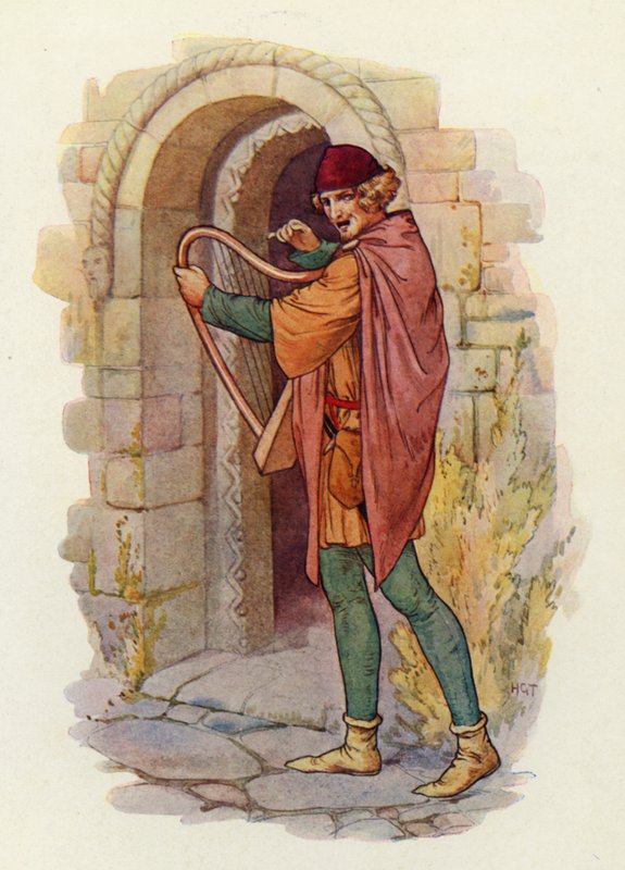 Robin Hoods rykte spred sig genom alla Midlands grevskap, ända ner till London, och balladerna om hans gärningar började sjungas (färglitografi) av Harry George Theaker