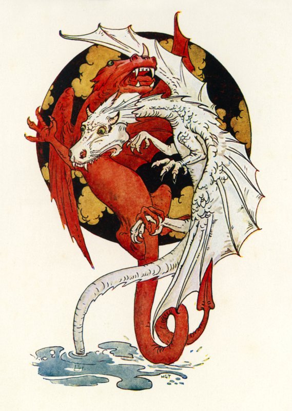 Kampen mellan drakarna (färglitografi) av Harry George Theaker