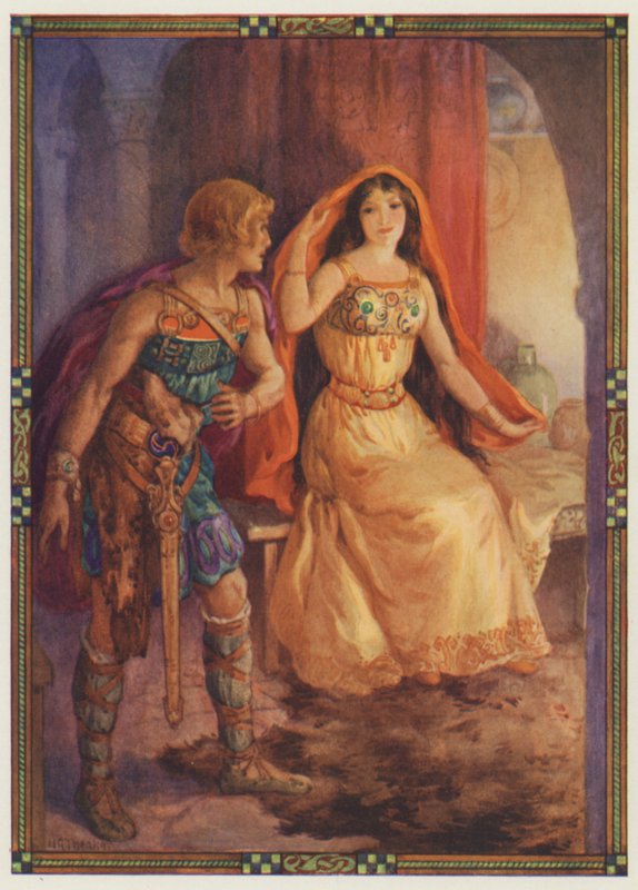 "Damen blottade sitt ansikte", Den avskyvärda damen och den galante riddaren (färglitografi) av Harry George Theaker
