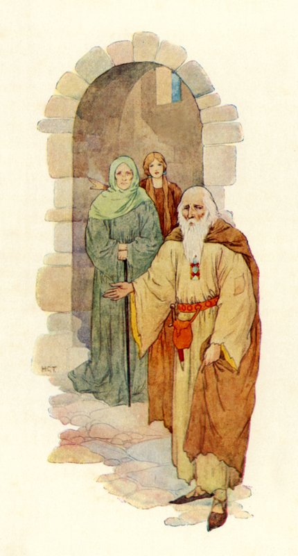 Den gamle mannen bjöd in riddaren till det förstörda palatset (färglitografi) av Harry George Theaker