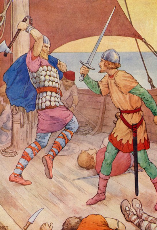 Pirathövdingen hoppade ut mot Robin (färglitografi) av Harry George Theaker