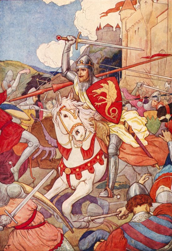 Den märklige riddaren med blinkande svärd (färglitografi) av Harry George Theaker