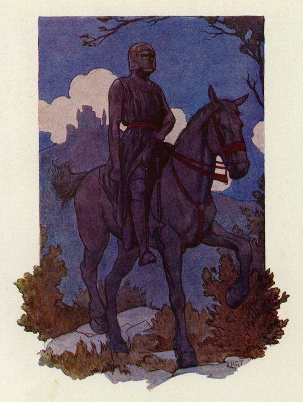 Den märklige riddaren kom emot dem, ridande på en stor svart häst och beväpnad helt i svart (färglitografi) av Harry George Theaker