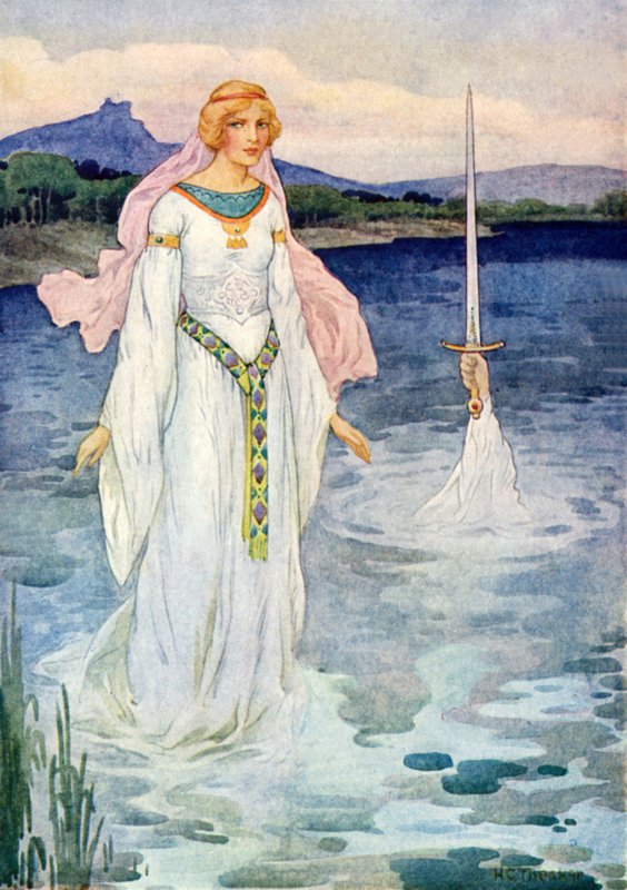 Svärdet och damen i sjön (färglitografi) av Harry George Theaker