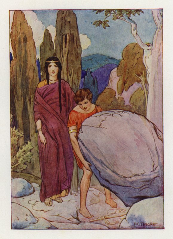 Theseus lyfter den stora klippan, under vilken svärdet och sandalerna låg (färglitografi) av Harry George Theaker