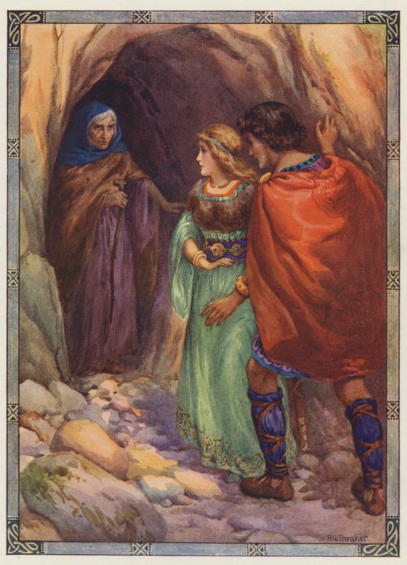 "De kom till en grotta vid havet", Diarmuid och Grania (färglitografi) av Harry George Theaker