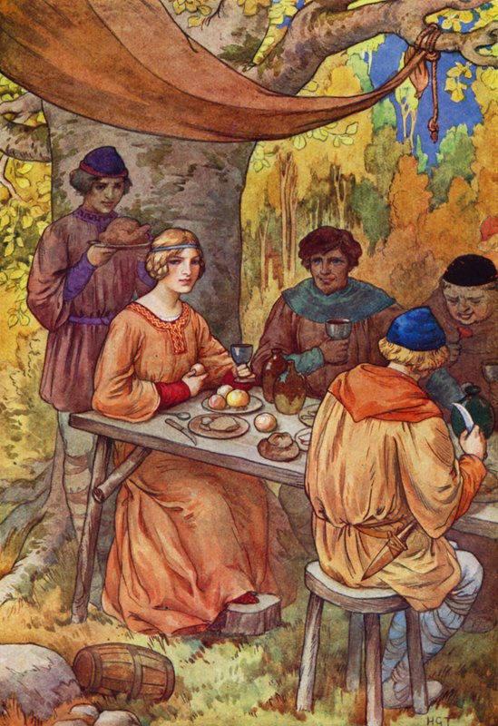 De festade glatt, med Marion på bordet (färglitografi) av Harry George Theaker