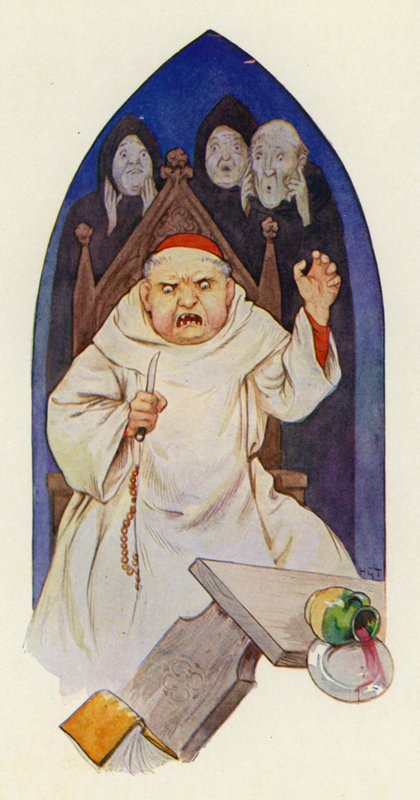 Det sägs att abbot Hugo rasade i vrede (färglitografi) av Harry George Theaker