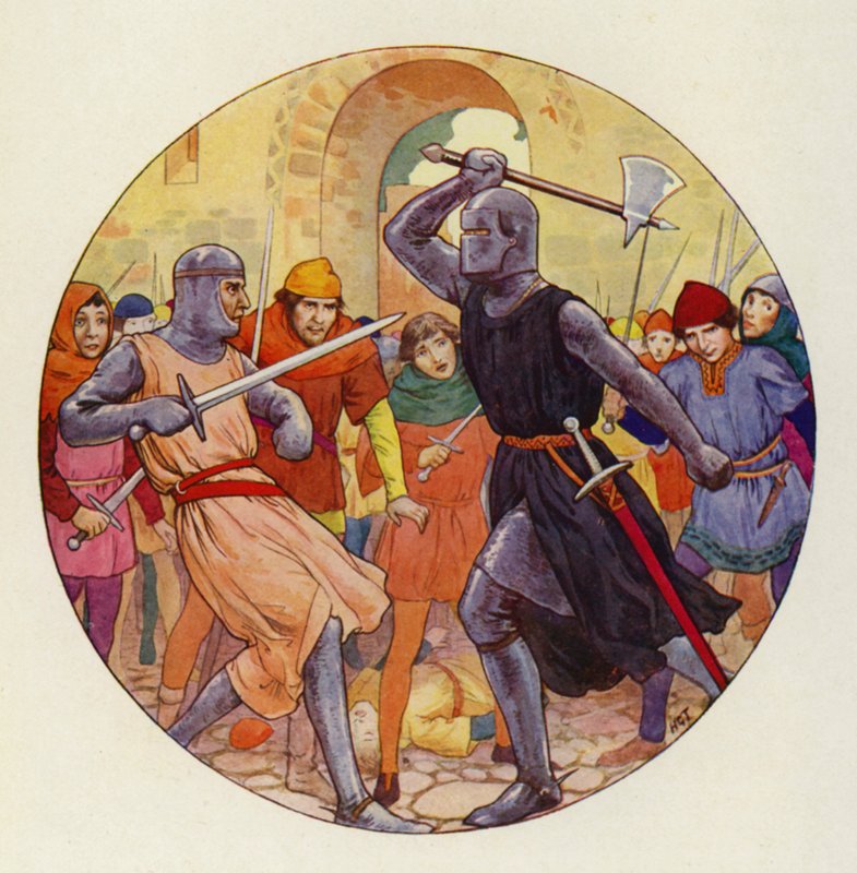 Tre gånger stötte Isambart fram, och tre gånger gick framstöten långt (färglitografi) av Harry George Theaker