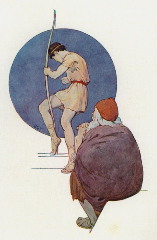 Odysseus tittade på adelsmännen när de en efter en försökte böja den stora bågen (färglitografi) av Harry George Theaker