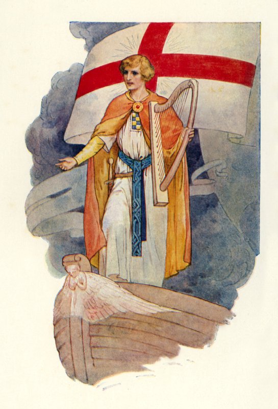 Under ett kors står en man och stirrar (färglitografi) av Harry George Theaker