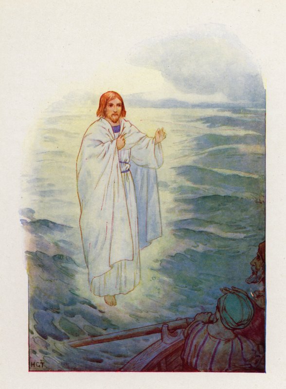 Fiskarna vandrade på det upprörda havet och såg Jesusgestalten (färglitografi) av Harry George Theaker