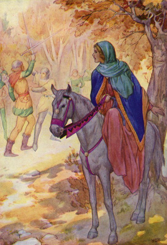 Med en så snabb vridning att ingen riktigt kunde se hur det gick till slet Robin Guys svärd ur hans grepp (färglitografi) av Harry George Theaker