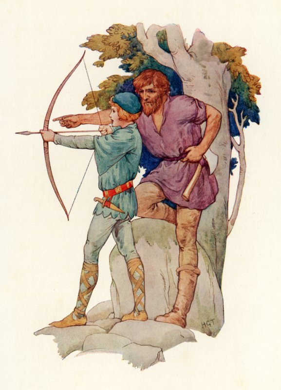 Unge Lancelot får lära sig bågskytte av skogvaktaren (färglitografi) av Harry George Theaker