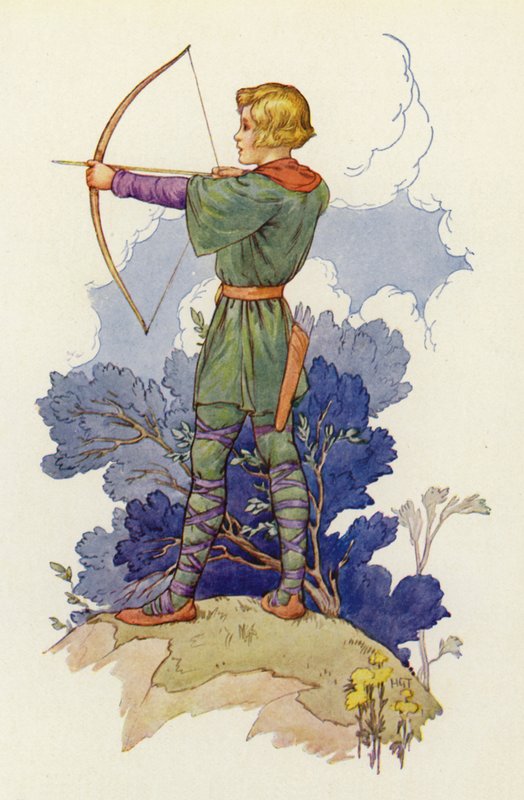 "Unge Waltheof är en fin ung tupp nu", sa Much, "och lovar att han ska bli Robin Hoods man när han blir stor" (färglitografi) av Harry George Theaker