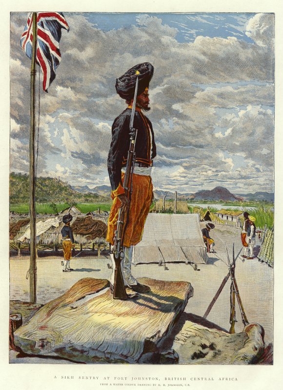 En sikhisk vakt vid Fort Johnston i Brittiska Centralafrika av Harry Hamilton Johnston