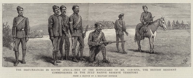 Störningarna i Sydafrika, män från livvakten av Mr Osborne, den brittiska bosatta kommissionären i Zulus naturreservat av Harry Hamilton Johnston