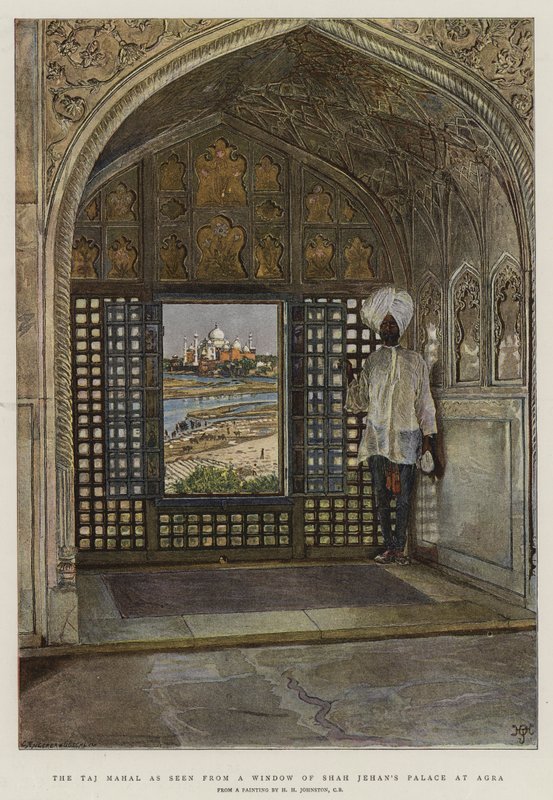 Taj Mahal sett från ett fönster i Shah Jehans palats i Agra av Harry Hamilton Johnston