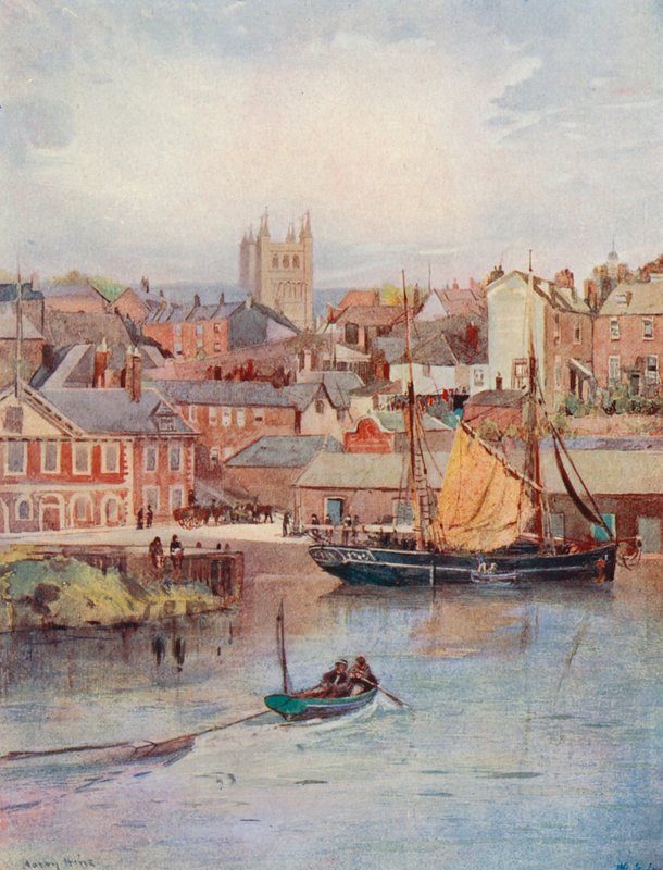The Quay, Exeter, med katedralens torn (färglitografi) av Harry Hine