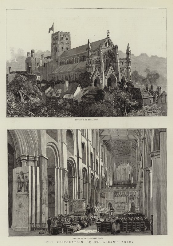 Restaureringen av St Albans Abbey gravyr av Harry Hine