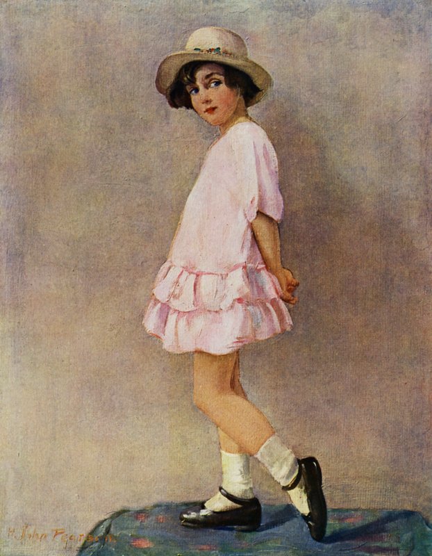 "Ska jag göra det?" - ung flicka gör sig redo att gå ut (färg litho) av Harry J. Pearson