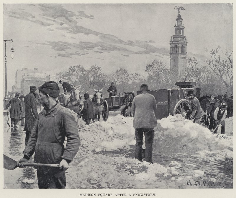 Madison Square efter en snöstorm (litho) av Harry M. Pettit