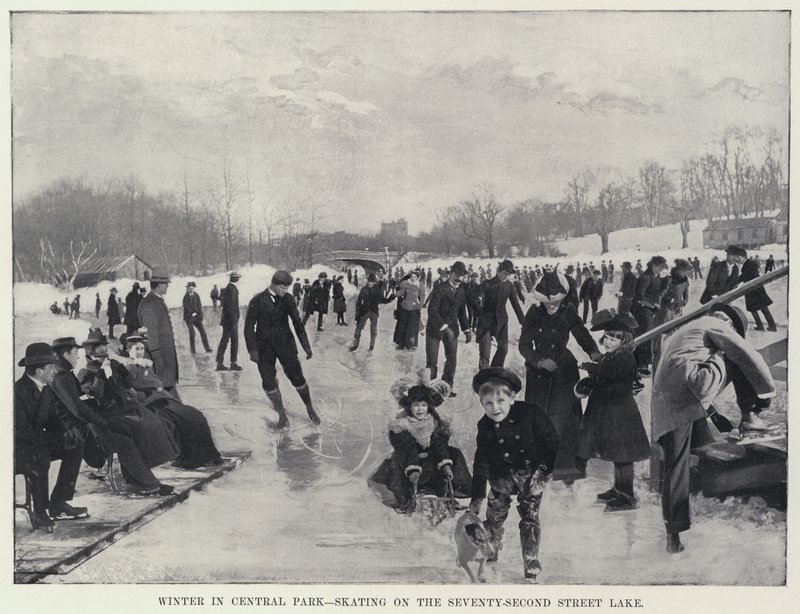 Vinter i Central Park, skridskoåkning på Seventy-Second Street Lake (s/v foto) av Harry M. Pettit