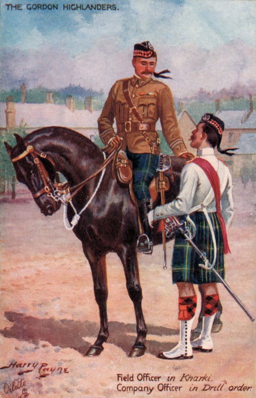 Gordon Highlanders, fältofficer i Kharki, kompaniofficer i borrordning (färg litho) av Harry Payne