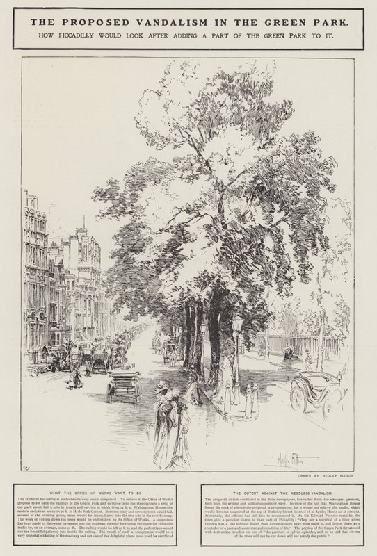 Den föreslagna vandalismen i Green Park, London (litho) av Hedley Fitton