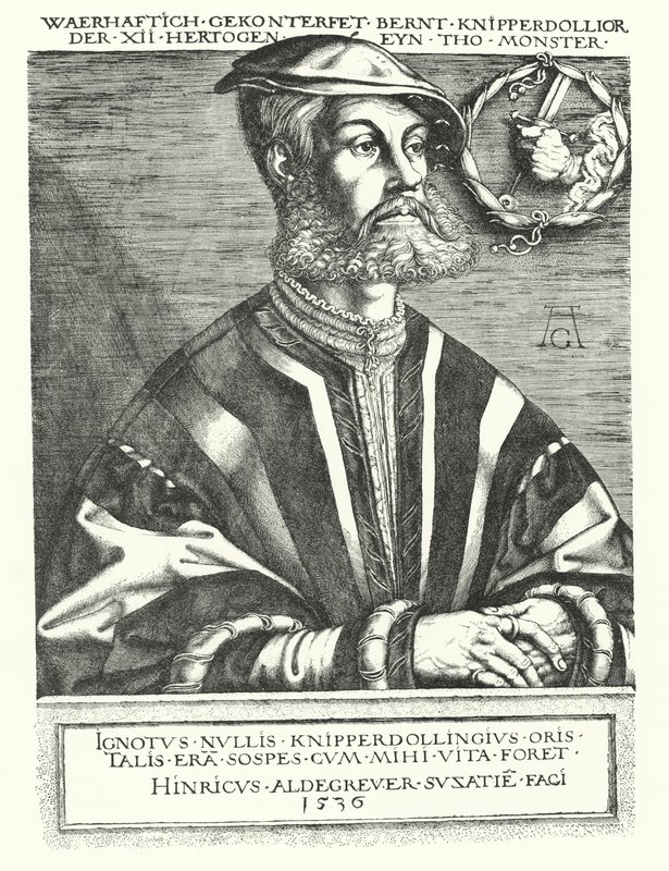 Bernhard Knipperdolling, tysk anabaptistledare och en av ledarna för Munsterupproret 1534-1535 (gravyr) av Heinrich (after) Aldegrever