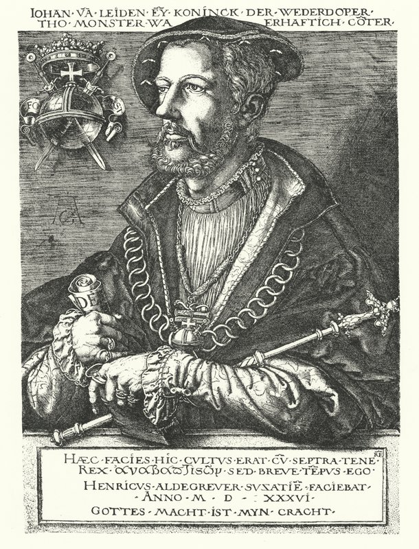 Johannes av Leiden, holländsk anabaptistledare och en av ledarna för Munsterupproret 1534-1535 (gravyr) av Heinrich (after) Aldegrever