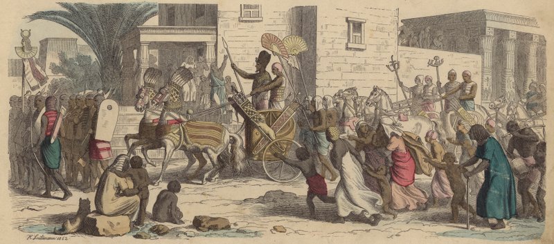 En forntida egyptisk farao ger sig iväg för krig (färgad gravyr) av Heinrich Leutemann