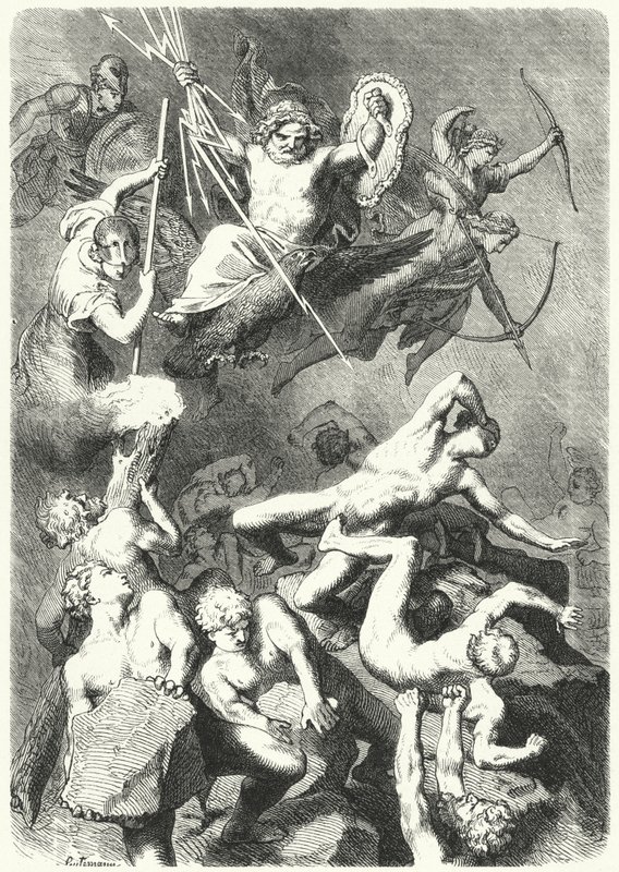 Strid mellan de antika grekiska gudarna och titanerna (gravyr) av Heinrich Leutemann