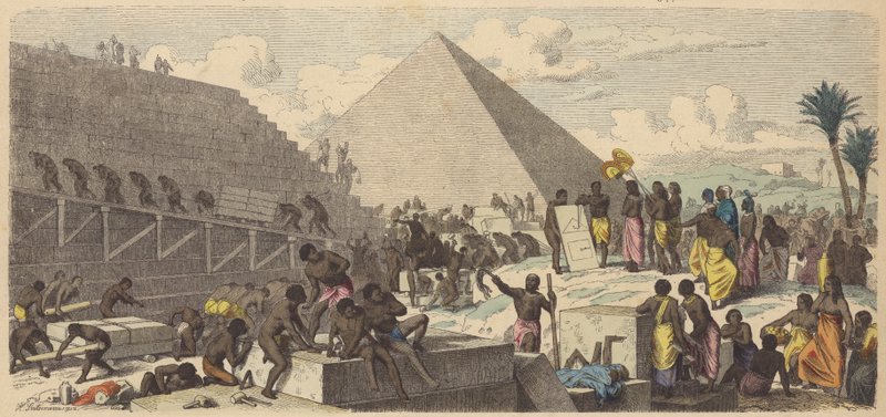 Byggande av pyramiderna i det antika Egypten (färgad gravyr) av Heinrich Leutemann