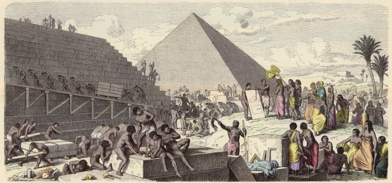 Byggande av pyramiderna i det antika Egypten (färgad gravyr) av Heinrich Leutemann